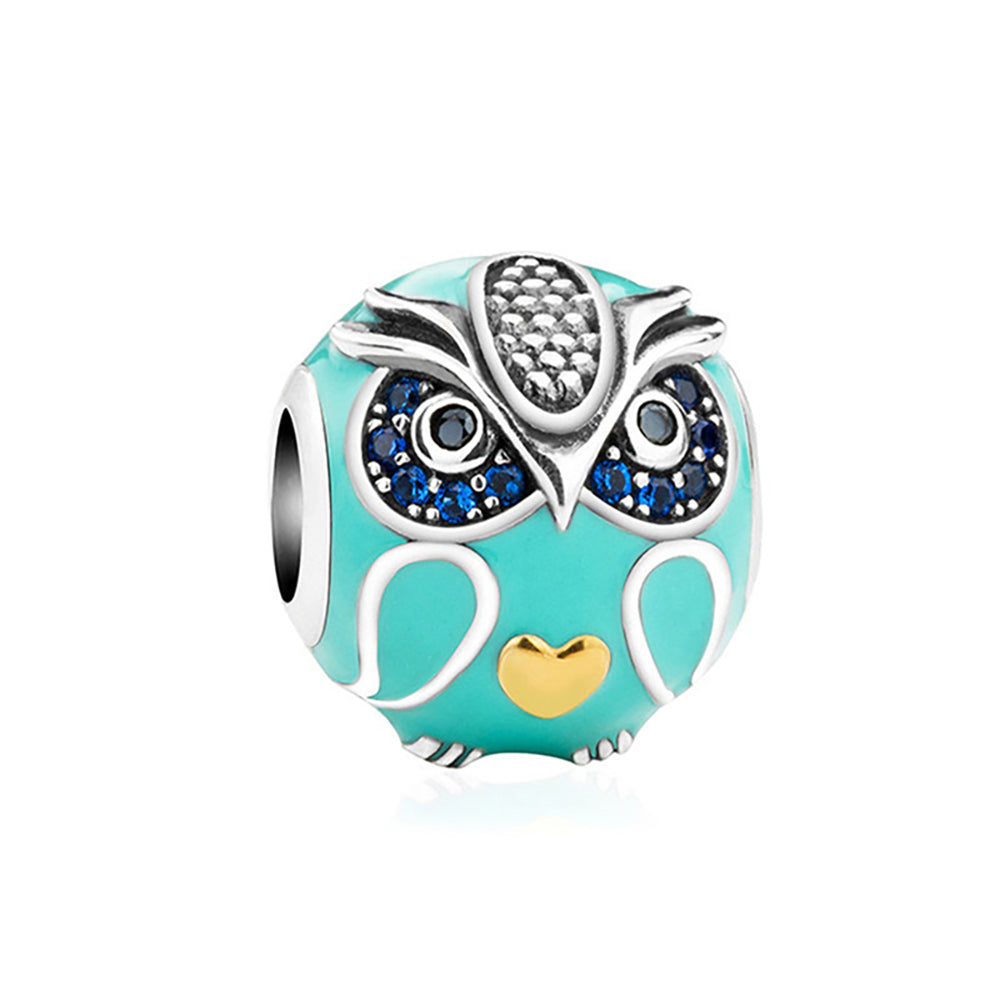Owl Charm European Bead Blue CZ Sterling Silver Green Enamel Ginger Lyne Collection - Owl-77