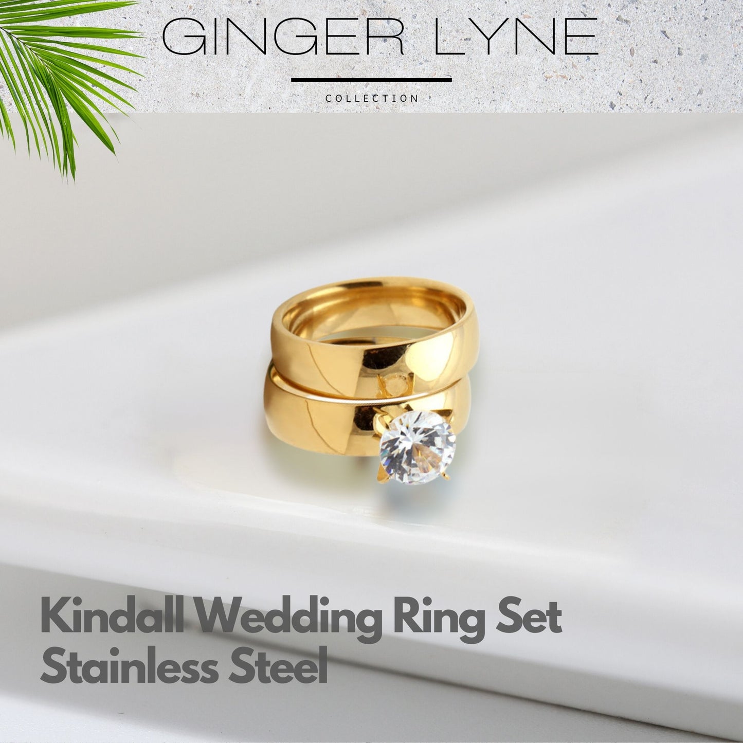 Kindall Wedding Ring Set for women Gold Stainless Steel Engagement Ring and Band by Ginger Lyne