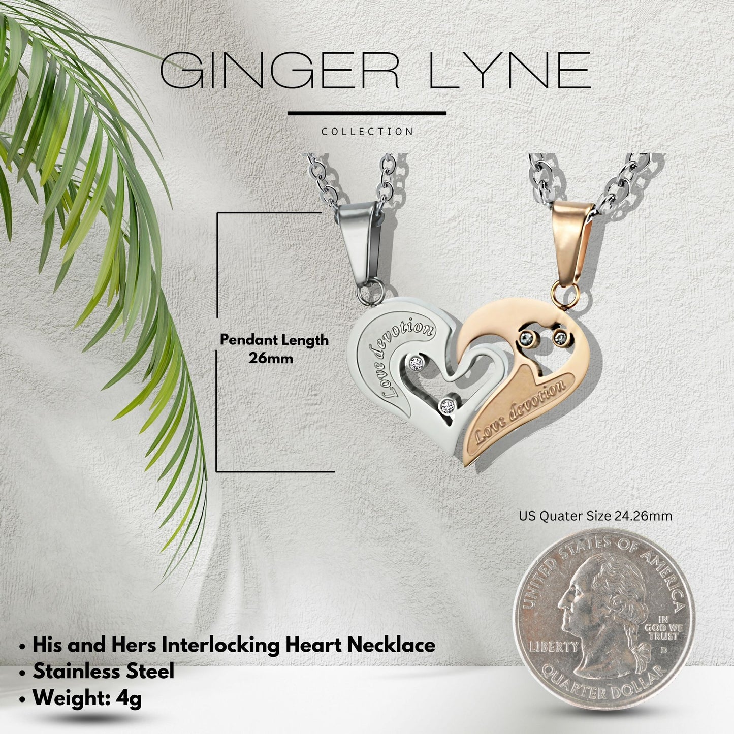 Interlocking Heart Necklace Set for Couples Love Devotion Stainless Steel Ginger Lyne Collection