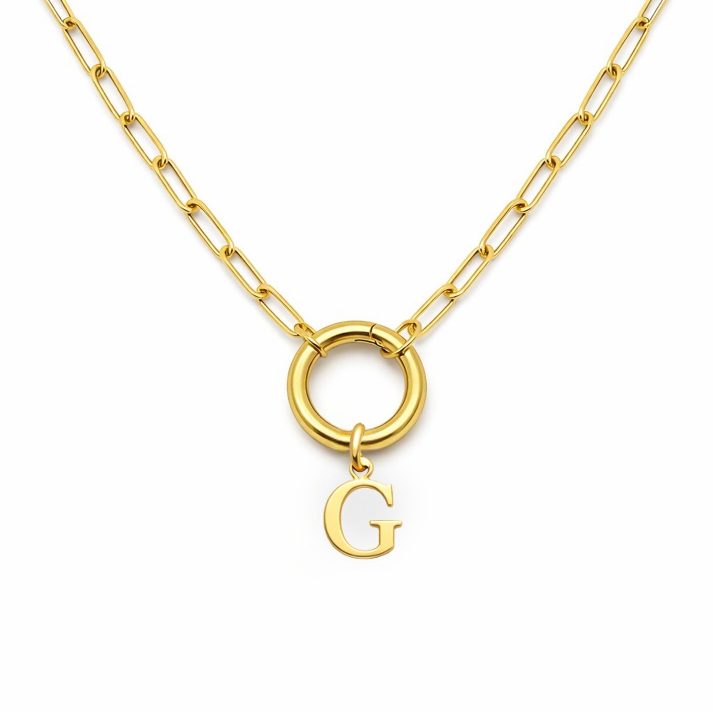 PaperclipLinkCircleCarabinerIntialLetterCharmHolderNecklaceforWomenStainlessSteel20"GingerLyne_Gold-G-1