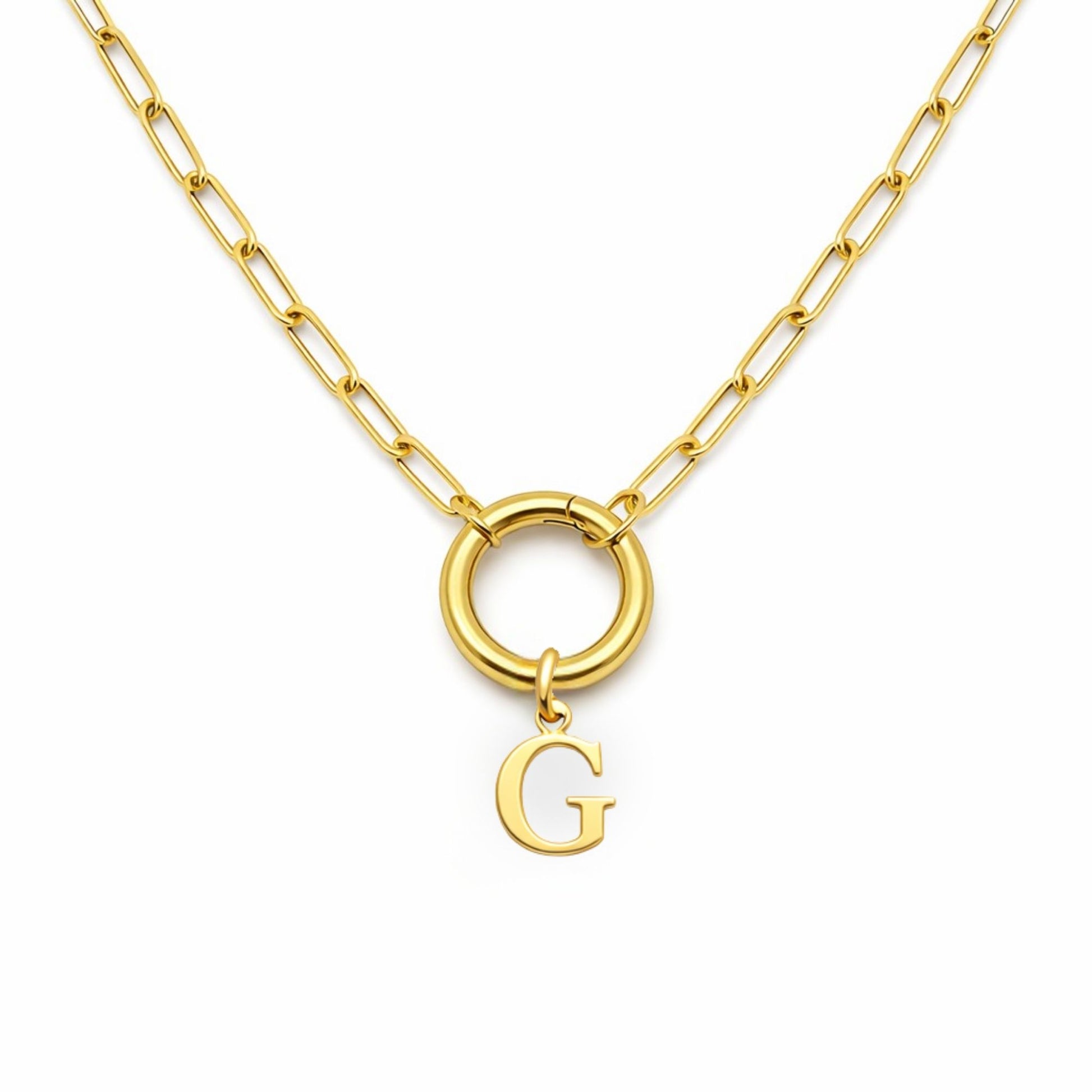 PaperclipLinkCircleCarabinerIntialLetterCharmHolderNecklaceforWomenStainlessSteel20"GingerLyne_Gold-G-1