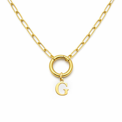 PaperclipLinkCircleCarabinerIntialLetterCharmHolderNecklaceforWomenStainlessSteel20"GingerLyne_Gold-G-1