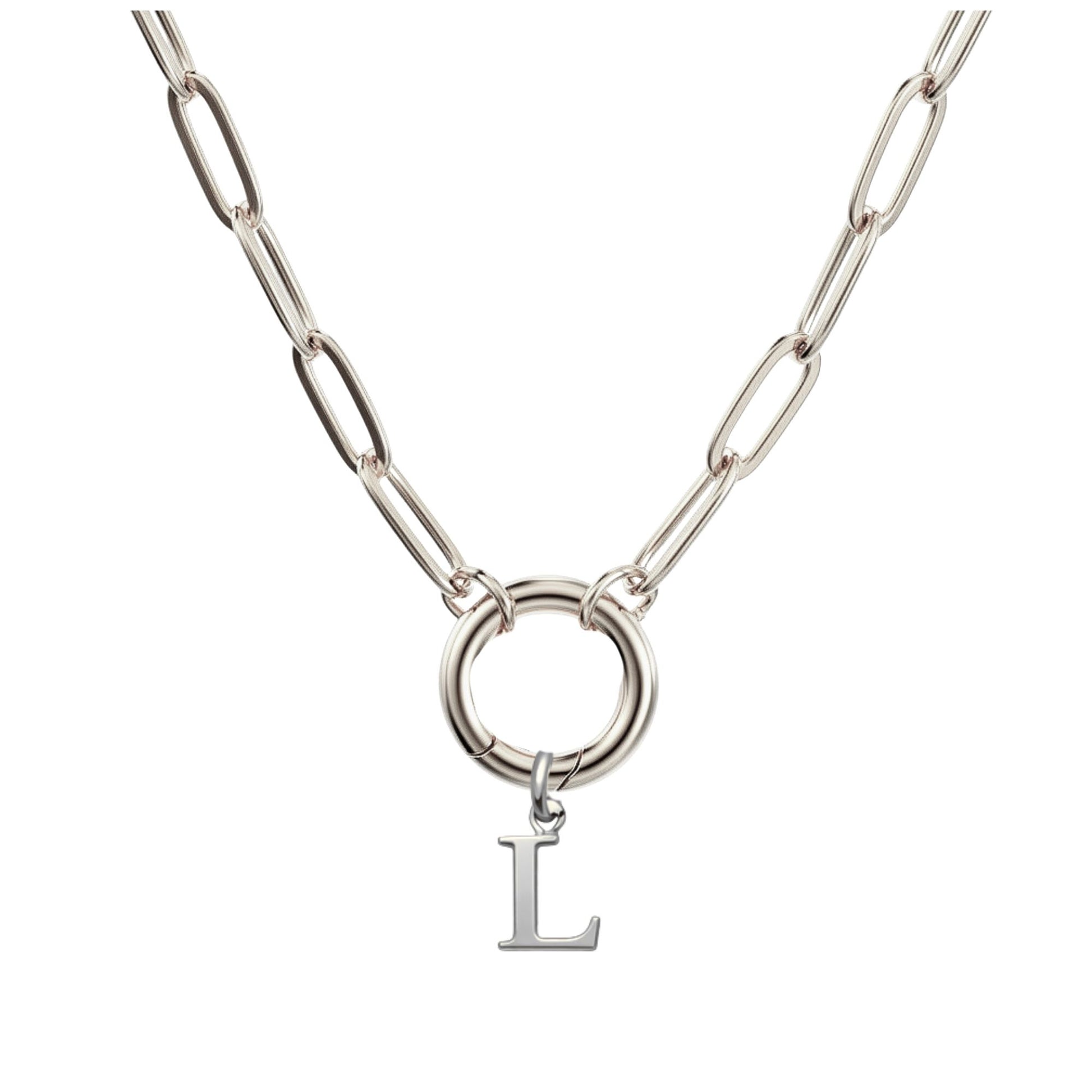 PaperclipLinkCircleCarabinerIntialLetterCharmHolderNecklaceforWomenStainlessSteel20"GingerLyne_Silver-L-1