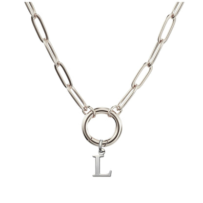 PaperclipLinkCircleCarabinerIntialLetterCharmHolderNecklaceforWomenStainlessSteel20"GingerLyne_Silver-L-1