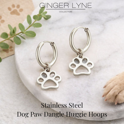 DogPawCharmDangleHuggieHoopEarringsforWomenbyGingerLyne16mmStainlessSteel_Gold-8