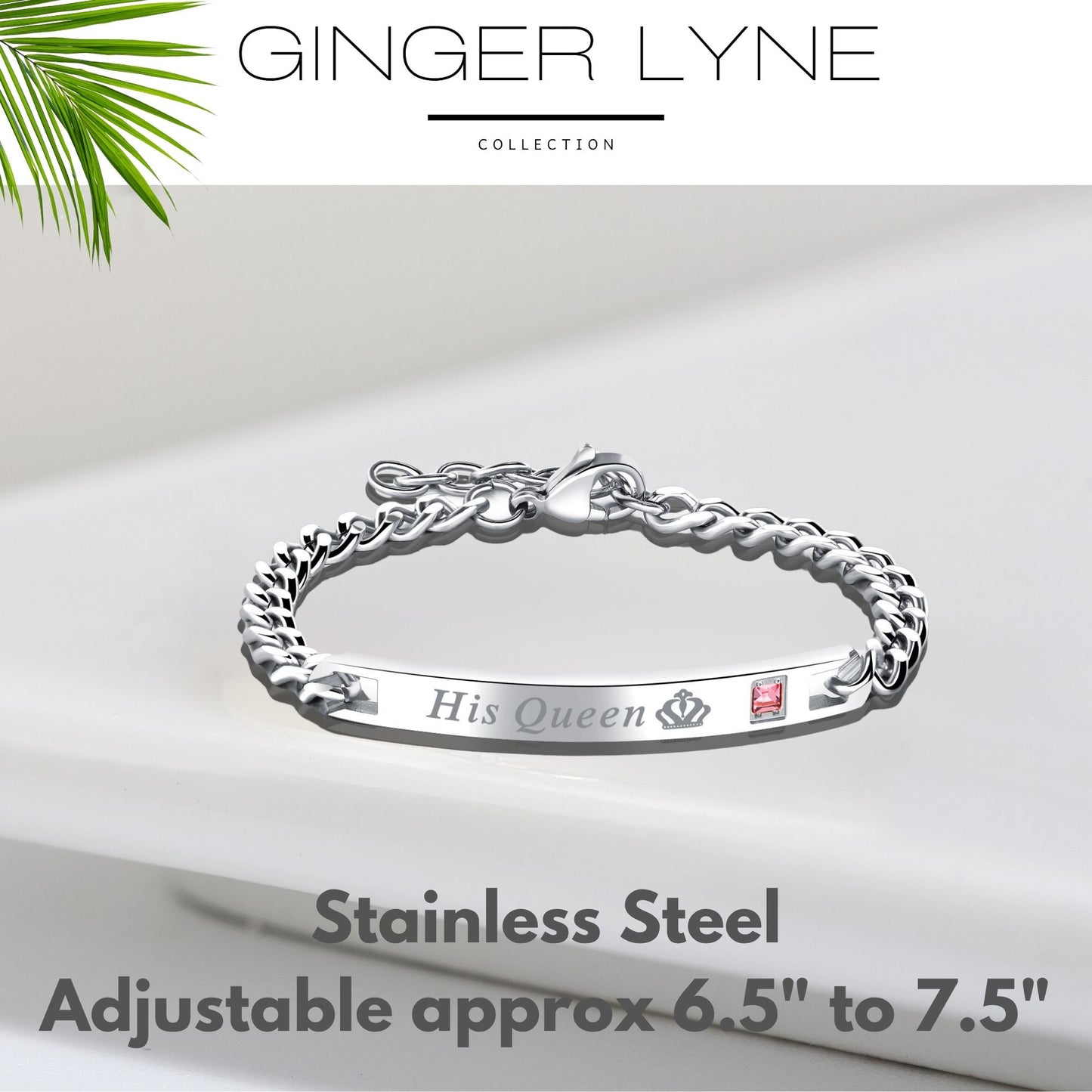 His Queen Bracelet for Women by Ginger Lyne Stainless Steel ID Style Pink CZ Adjustable to 7.5" - Womens