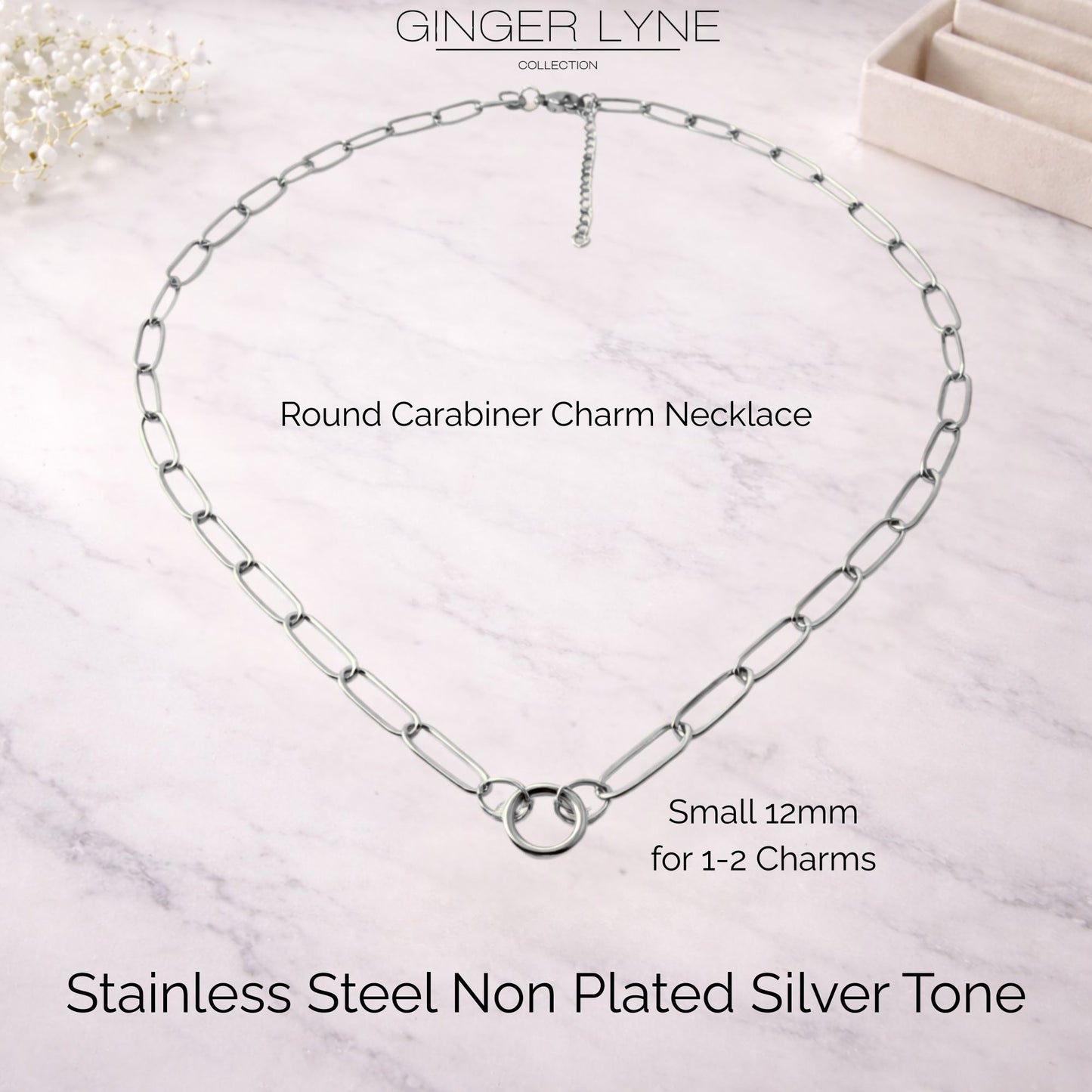 Carabiner Charm Necklace for Women Paperclip Chain Round Carabiner Holder Stainless Steel by Ginger Lyne - 12mm/Silver