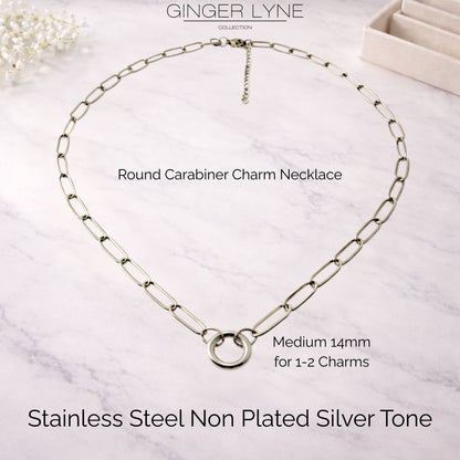 Carabiner Charm Necklace for Women Paperclip Chain Round Carabiner Holder Stainless Steel by Ginger Lyne - 14mm/Silver