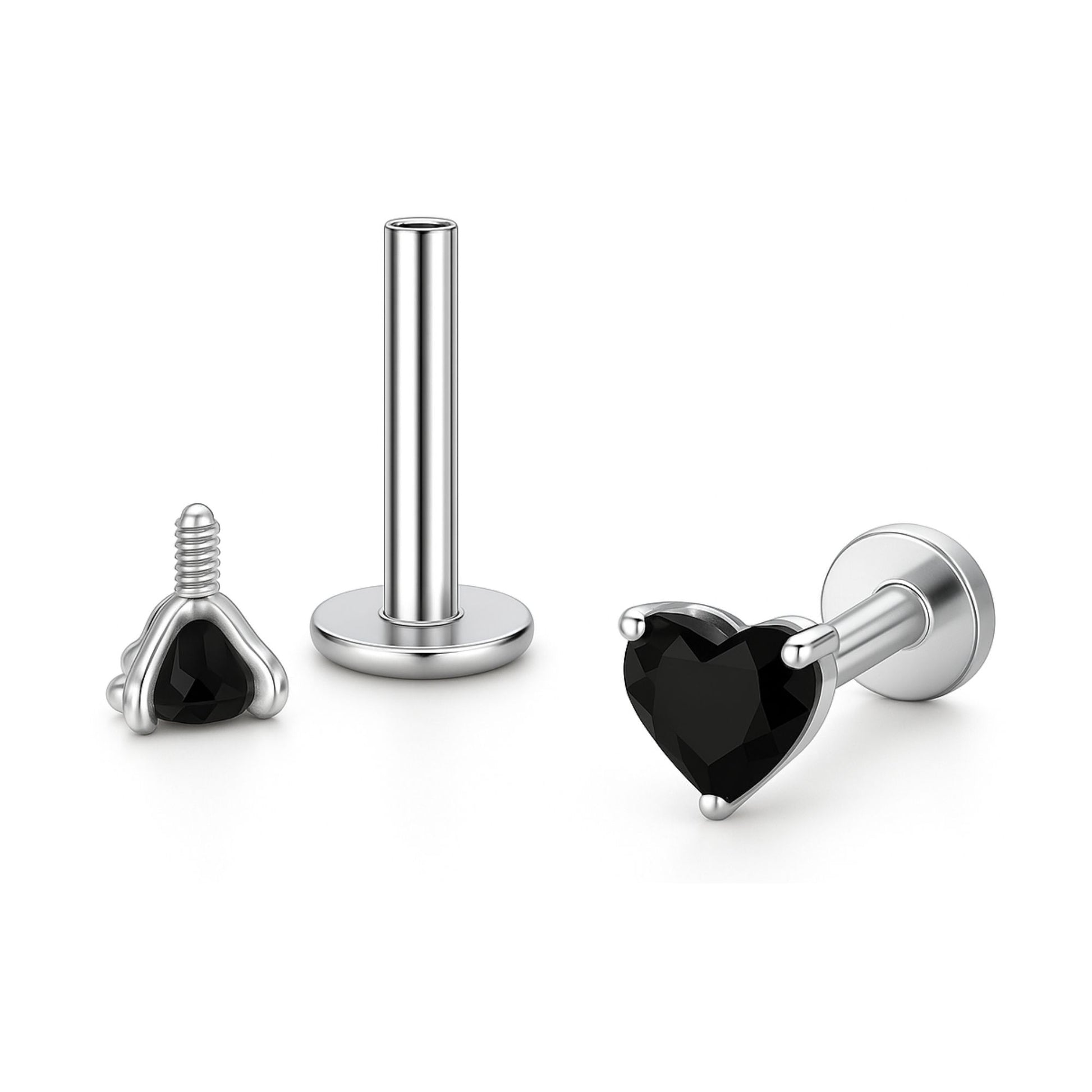 SmallHeartSolitaireFlatBackStudEarringsBodyPiercingsbyGingerLyne2Sets3mmCZStainlessSteel16g6mmand8mmLengths_Black-1