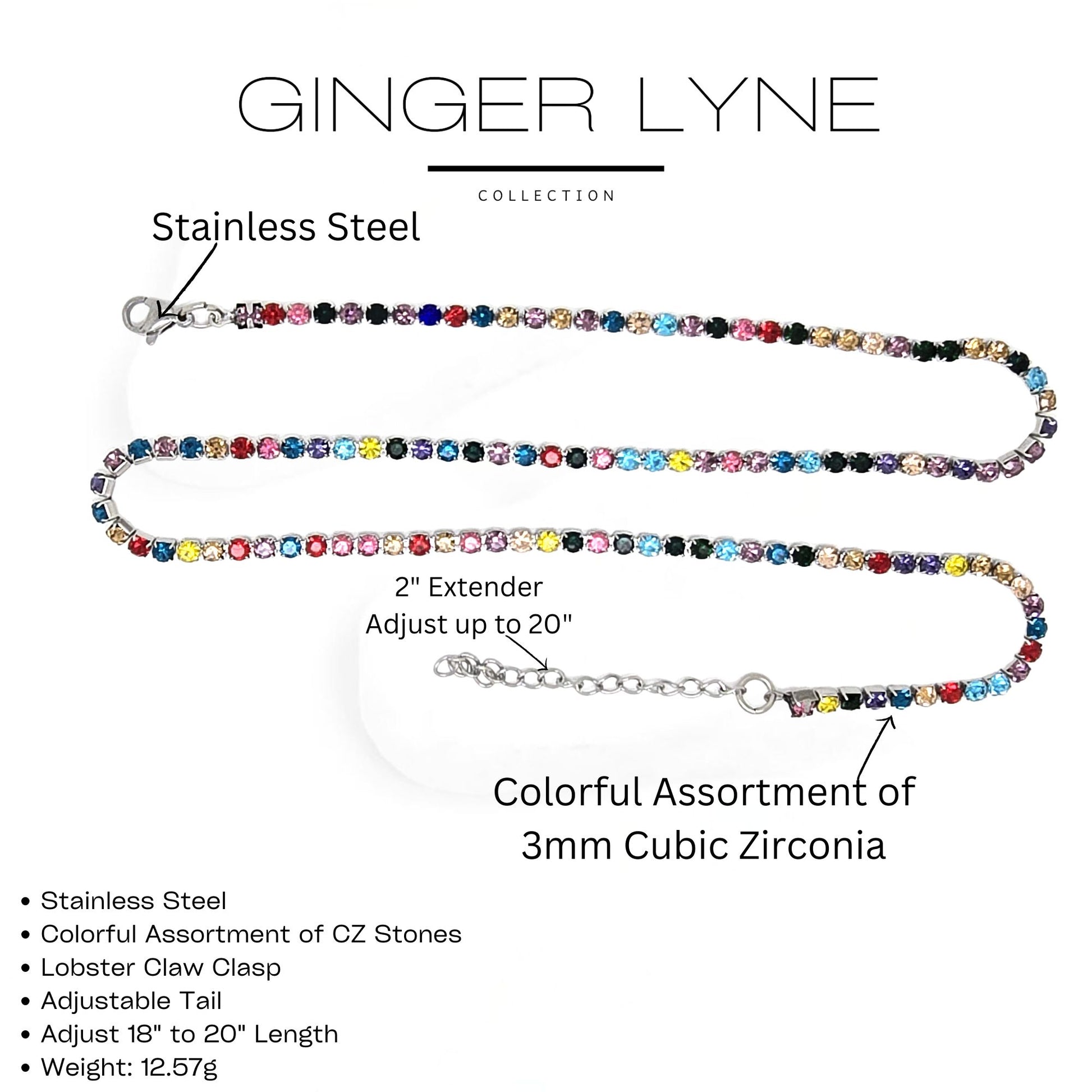 ColorfulTennisNecklaceforWomen3mmCubicZirconia18:-20"AdjustableLengthStainlessSteelbyGingerLyne_Multicolored-3
