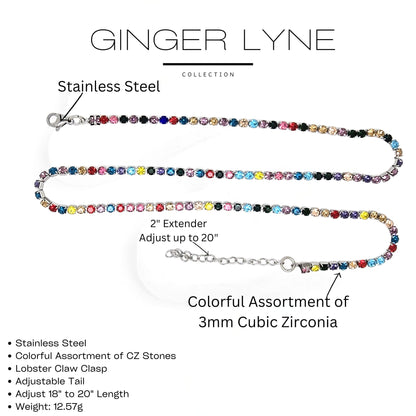 ColorfulTennisNecklaceforWomen3mmCubicZirconia18:-20"AdjustableLengthStainlessSteelbyGingerLyne_Multicolored-3
