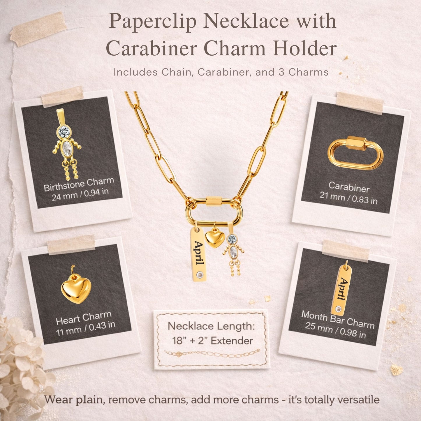 Carabiner Family Birthstone Necklace for Mom or Grandma by Ginger Lyne Stainless Steel CZ Birthday Charms_Male-April-Gold-4
