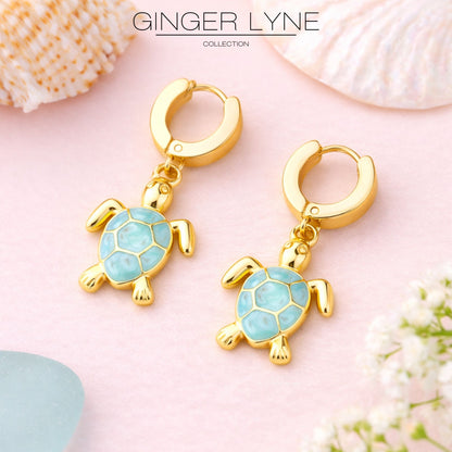 SeaTurtleCharmDangleHuggieHoopEarringsGoldPlatedStainlessSteelbyGingerLyne_Gold-2