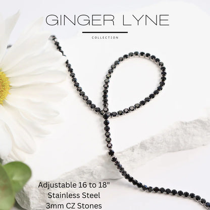 Tennis Necklace for Women 3mm Black or Clear Cubic Zirconia Choker 16-18" Adjust Length Stainless Steel - Black