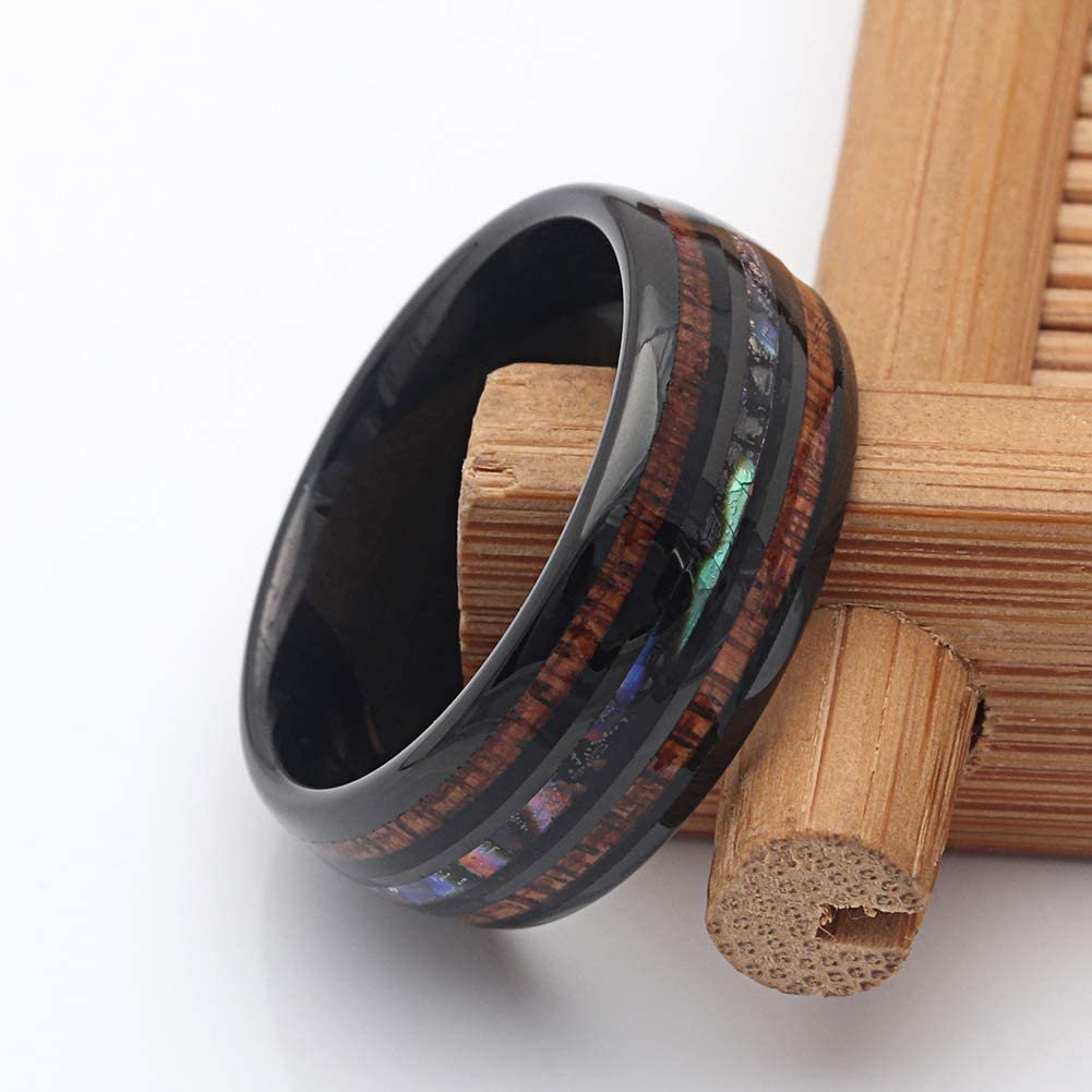 Tungsten Wedding Band Ring 8mm Men Women Koa Wood Abalone Ginger Lyne Collection