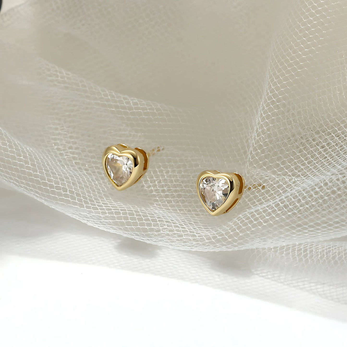 Heart Earrings for Women by Ginger Lyne Gold Plated Sterling Silver Stud Solitaire Cubic Zirconia - Gold