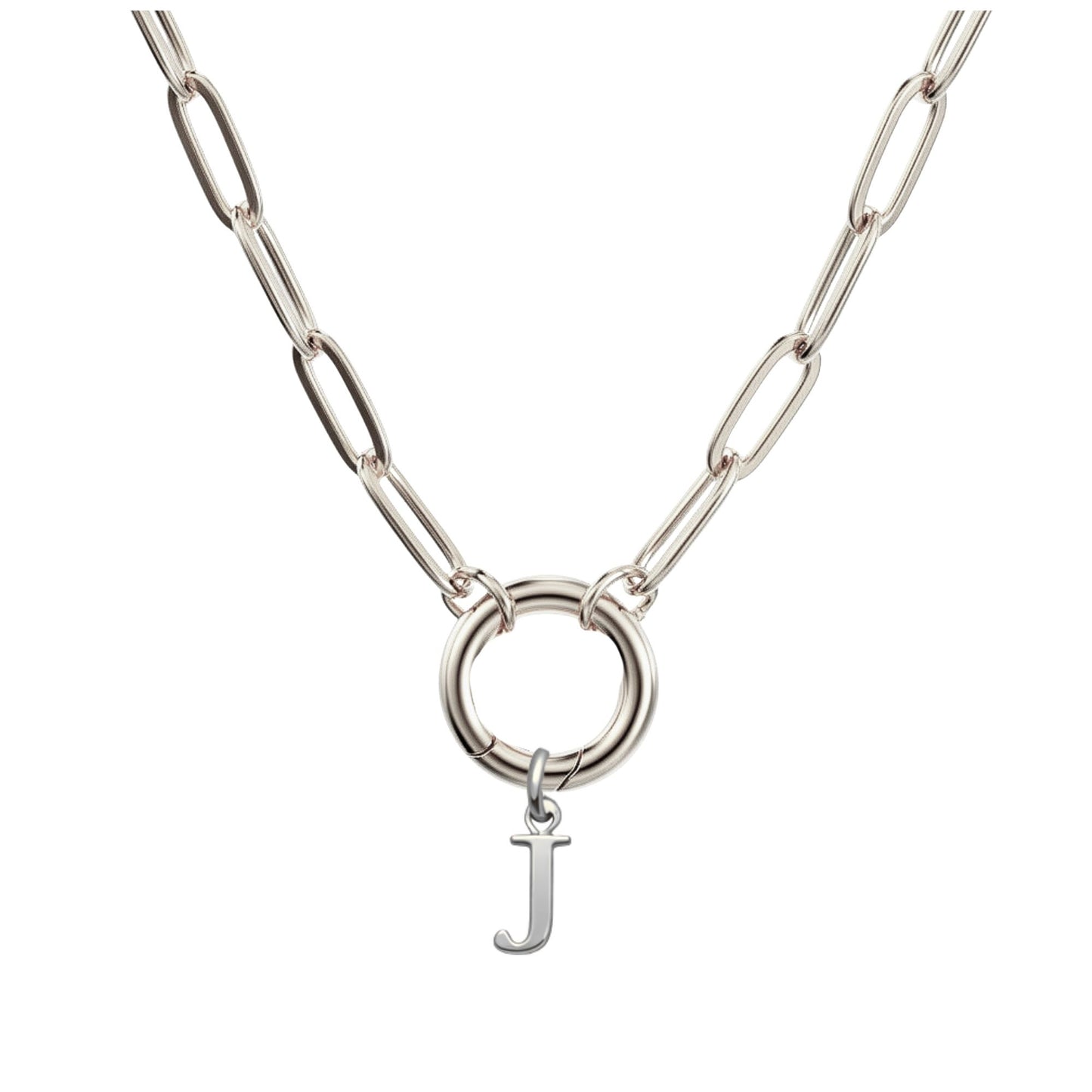 PaperclipLinkCircleCarabinerIntialLetterCharmHolderNecklaceforWomenStainlessSteel20"GingerLyne_Silver-J-1