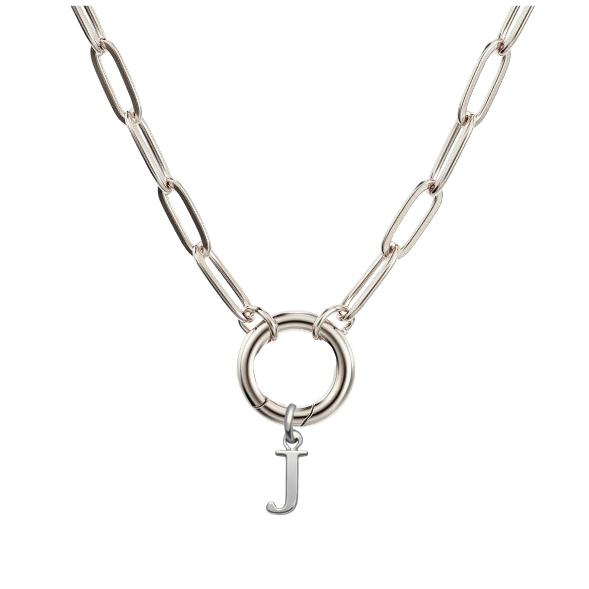 PaperclipLinkCircleCarabinerIntialLetterCharmHolderNecklaceforWomenStainlessSteel20"GingerLyne_Silver-J-1
