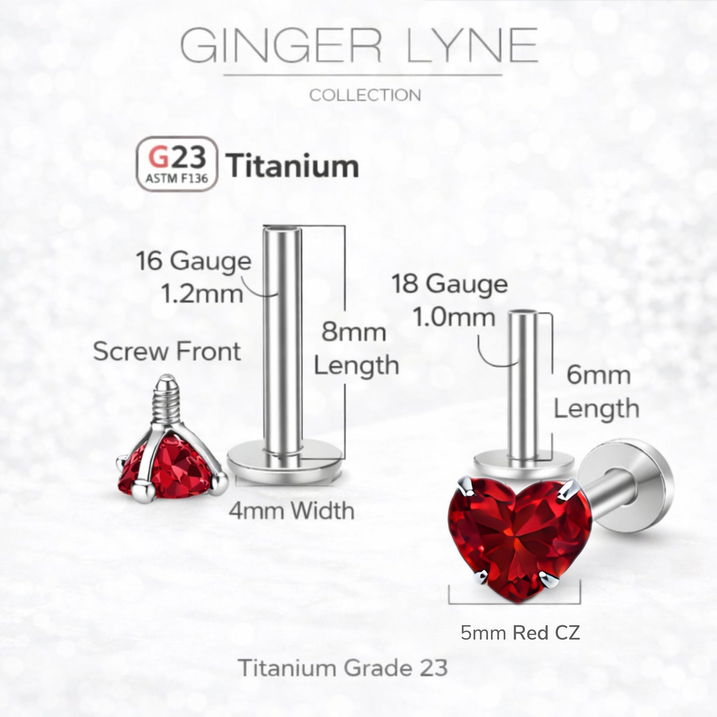 Small Heart CZ Solitaire Flat Back Stud Earrings Body Piercings by Ginger Lyne 2 Sets Post 6mm 8mm Included - 5mm-Red