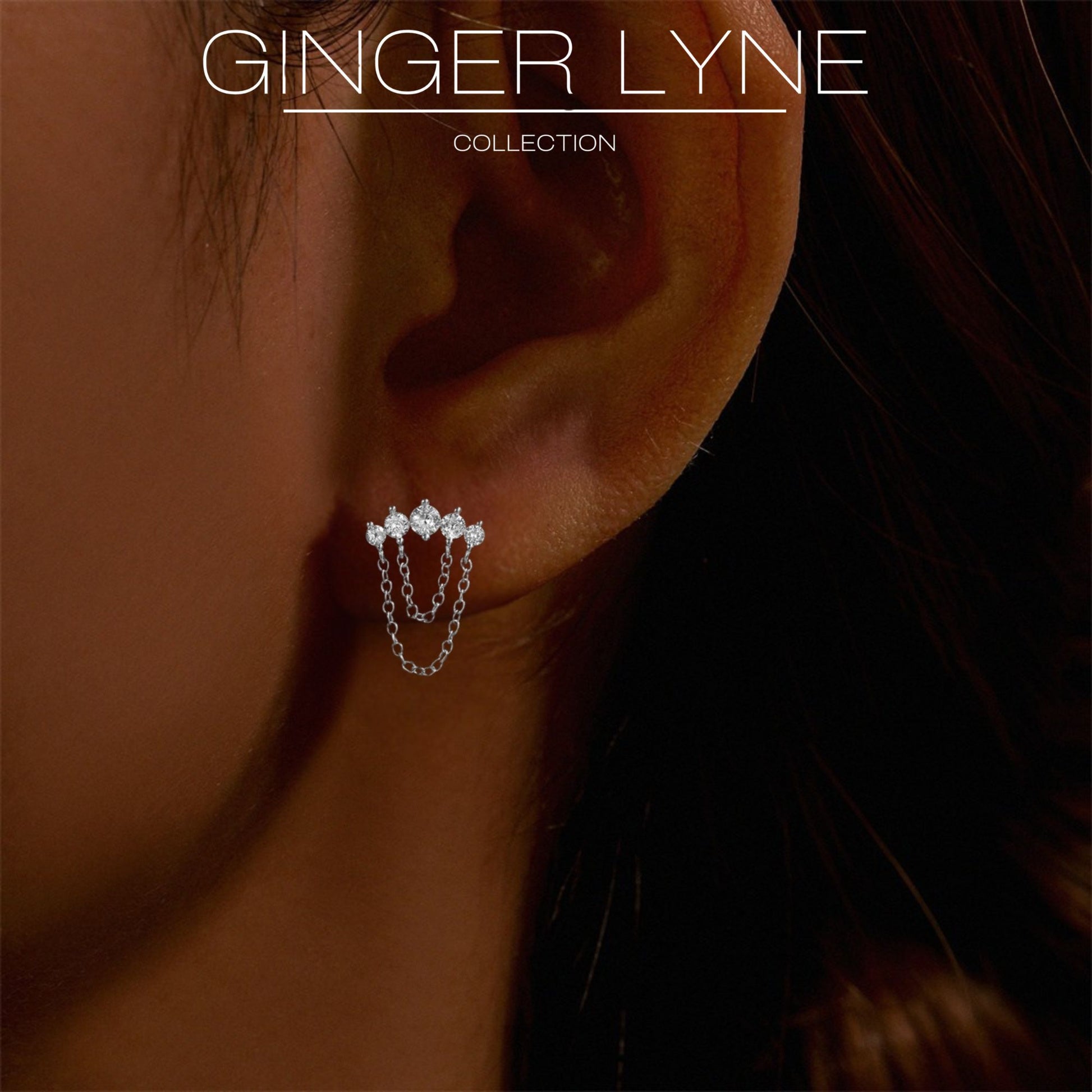 Crawler with Chains CZ Flat Back Earrings 16g Cartilage Helix Tragus Lobe Sterling Silver 1 pair by Ginger Lyne - Silver