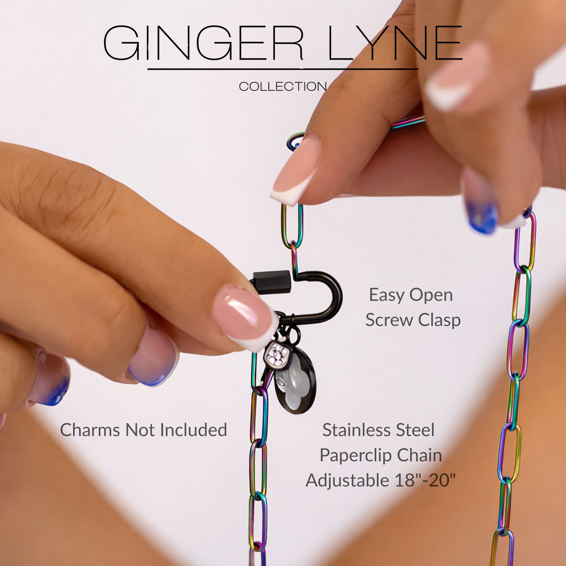 Carabiner Charm Holder Necklace for Women by Ginger Lyne Paperclip Chain Rainbow Stainless Steel 18-20" - Rainbow-PaperclipChain/BlkRect Sq CH