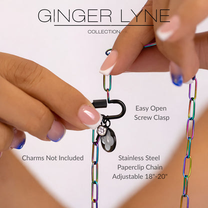 Carabiner Charm Holder Necklace for Women by Ginger Lyne Paperclip Chain Rainbow Stainless Steel 18-20" - Rainbow-PaperclipChain/BlkRect Sq CH