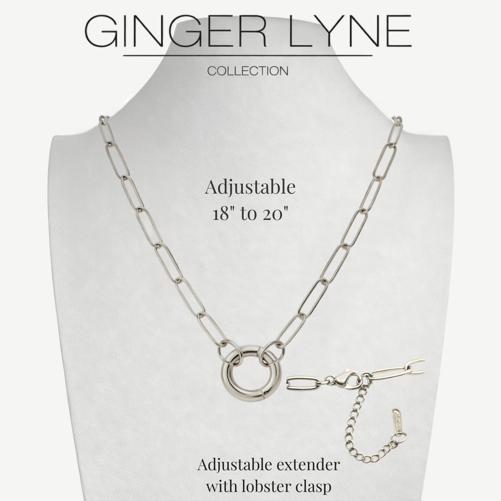 Carabiner Charm Necklace for Women Paperclip Chain Round Carabiner Holder Stainless Steel by Ginger Lyne - 20mm/Silver