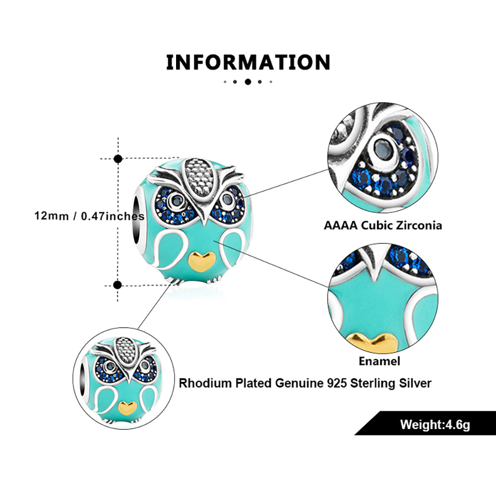 Owl Charm European Bead Blue CZ Sterling Silver Green Enamel Ginger Lyne Collection - Owl-77