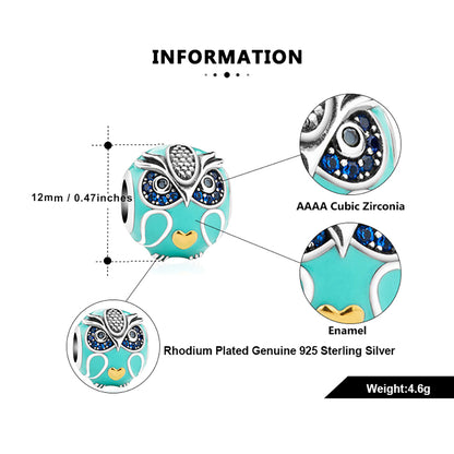 Owl Charm European Bead Blue CZ Sterling Silver Green Enamel Ginger Lyne Collection - Owl-77