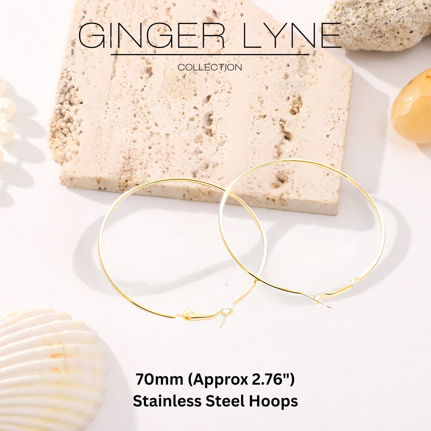 Thin Large Plain Hoop Earrings for Women 70mm Stainless Steel Ginger Lyne Collection - Gold