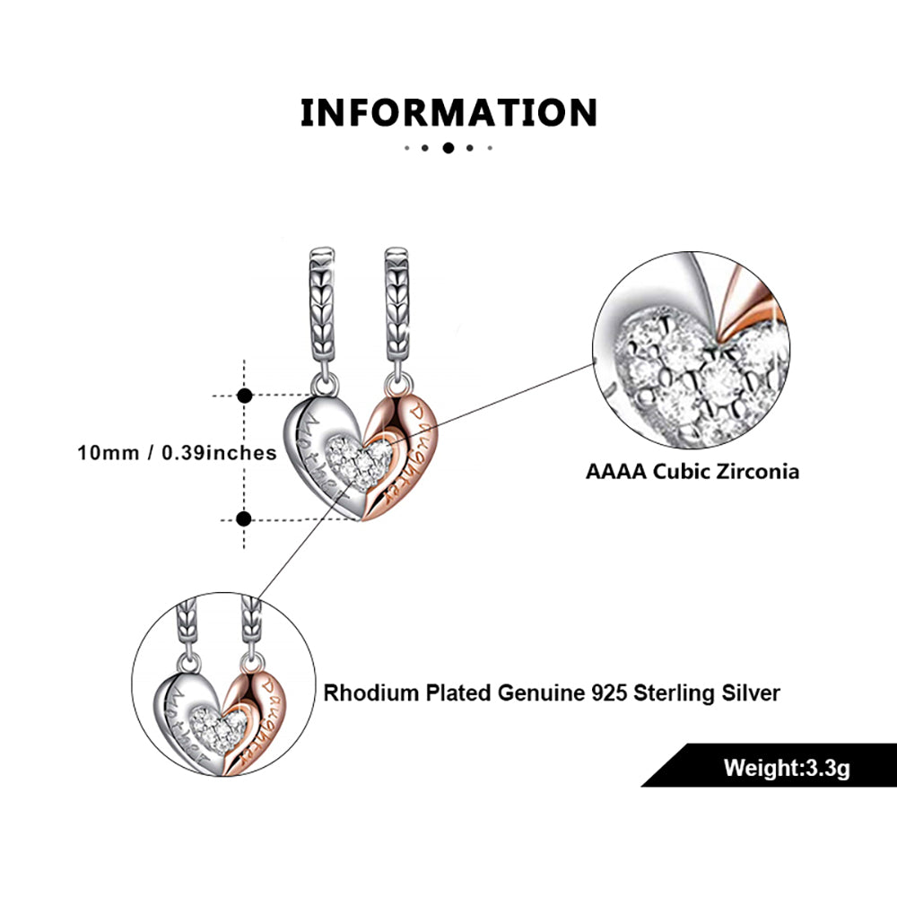 Mother Daughter Heart Charm European Bead Sterling Silver Clear CZ Ginger Lyne Collection