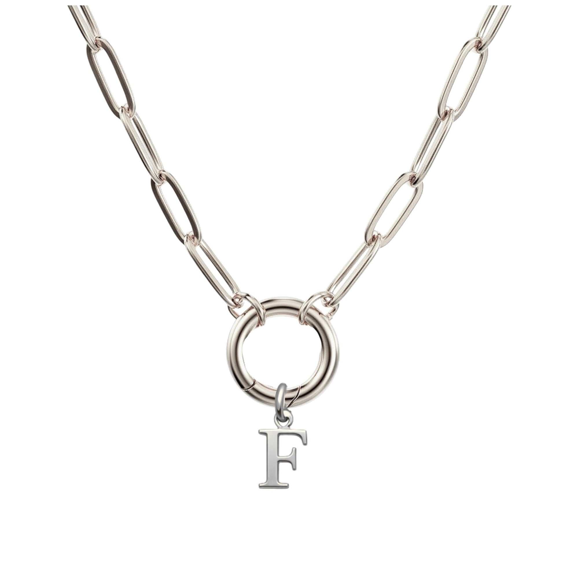 PaperclipLinkCircleCarabinerIntialLetterCharmHolderNecklaceforWomenStainlessSteel20"GingerLyne_Silver-F-1