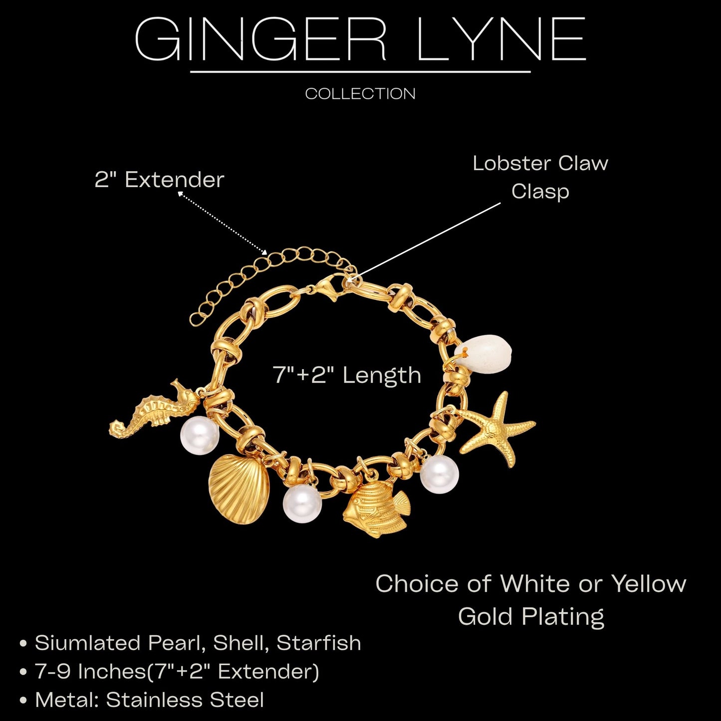 Seashell Charm Bracelet for Women by Ginger Lyne Gold Plated Stainless Steel Pearls Starfish and Shells - Gold