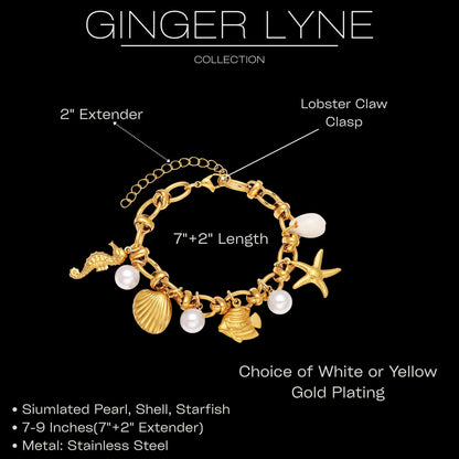 Seashell Charm Bracelet for Women by Ginger Lyne Gold Plated Stainless Steel Pearls Starfish and Shells - Gold