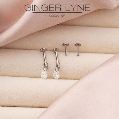 TeardropCZFlatBackStudEarrings6mmPearShapeDangleBodyPiercingsbyGingerLyne2SetsPost6mm8mm_Clear-4