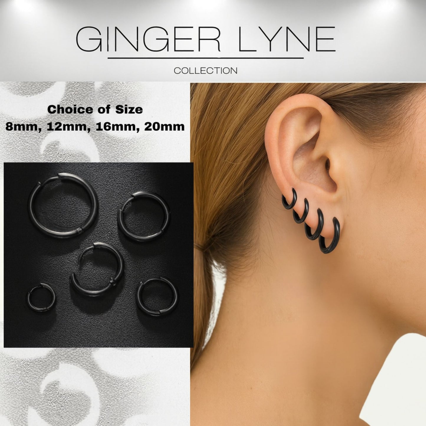 Stainless Steel Hoop Earrings by Ginger Lyne Huggie Style for Lobe Cartilage Piercing Body Jewelry - Black-20mm