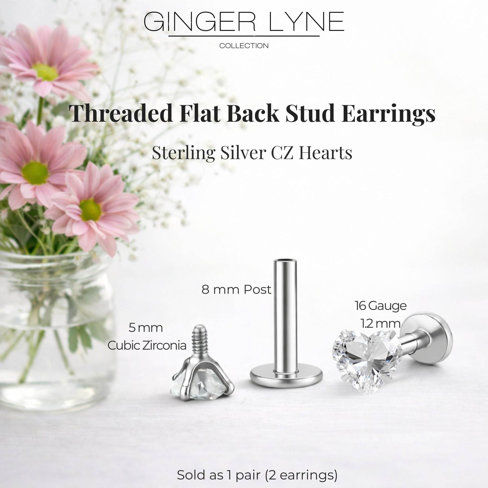Ginger Lyne Solitaire Heart Flat Back Stud Earrings Sterling Silver Cubic Zirconia Body Jewelry - Silver-5mmCZ-16G-8mmPost