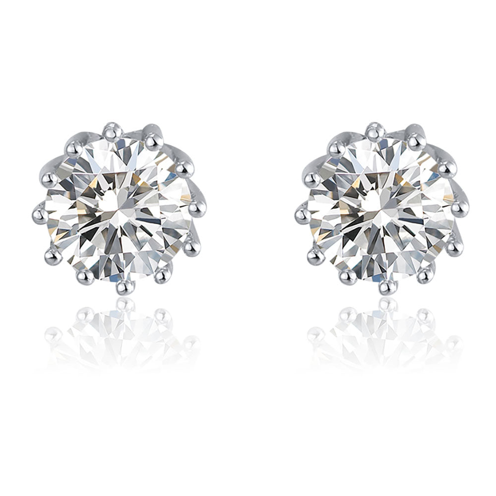 Crown Stud Earrings 8mm Round Cz Sterling Silver Womens by Ginger Lyne Collection - White Gold