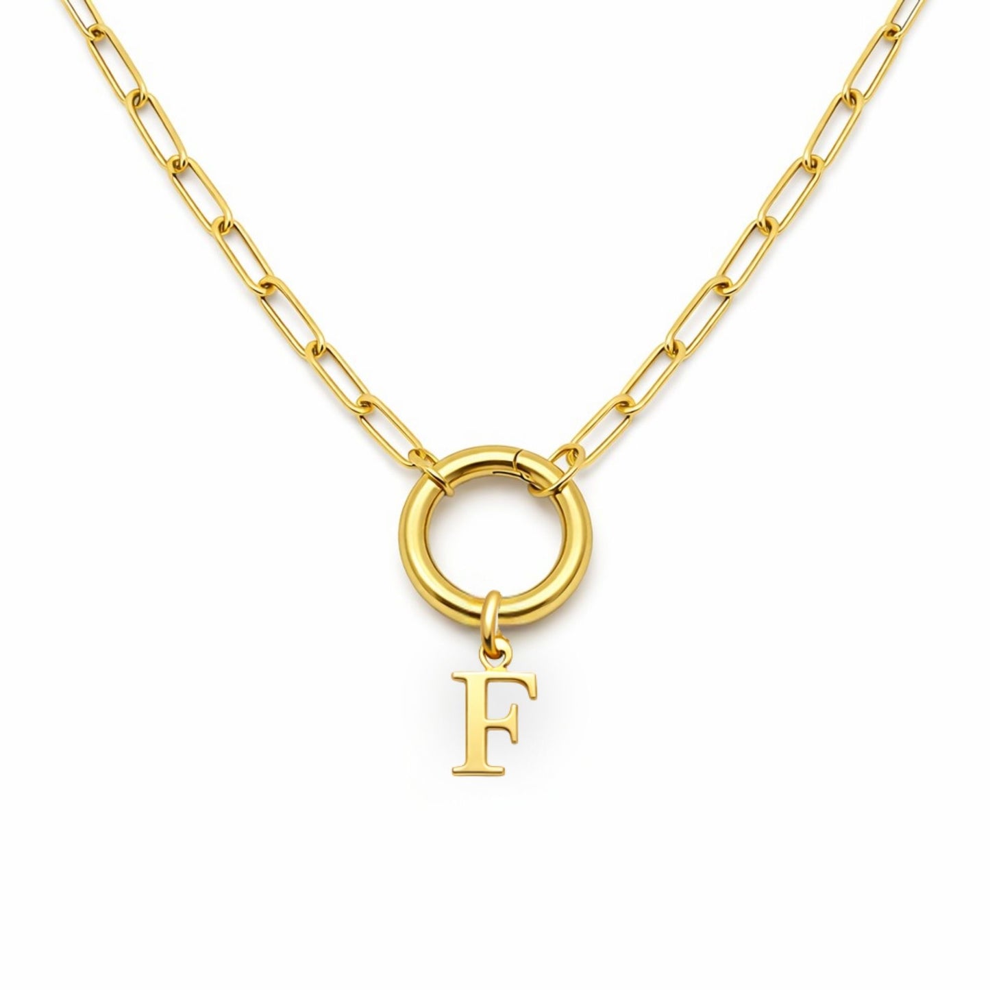 PaperclipLinkCircleCarabinerIntialLetterCharmHolderNecklaceforWomenStainlessSteel20"GingerLyne_Gold-F-1