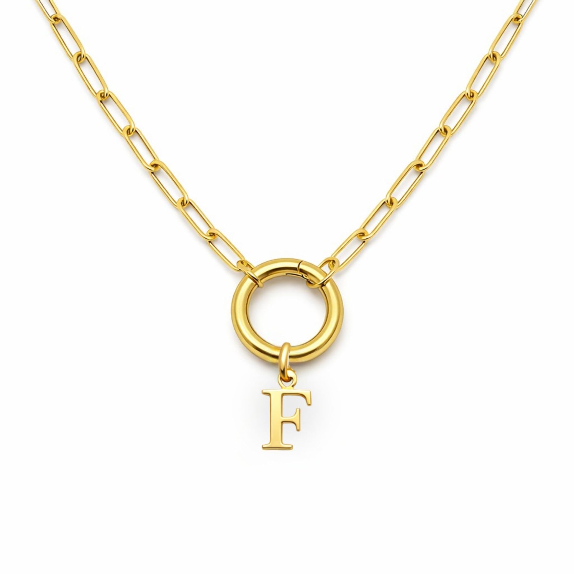 PaperclipLinkCircleCarabinerIntialLetterCharmHolderNecklaceforWomenStainlessSteel20"GingerLyne_Gold-F-1