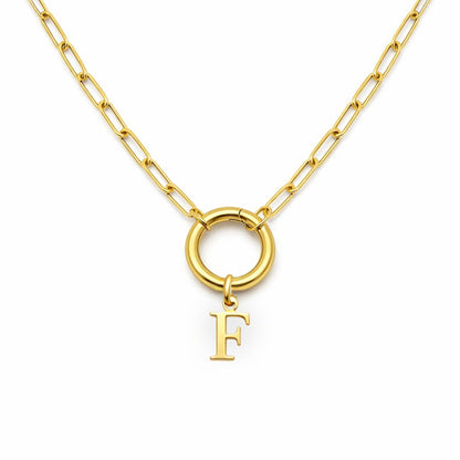 PaperclipLinkCircleCarabinerIntialLetterCharmHolderNecklaceforWomenStainlessSteel20"GingerLyne_Gold-F-1