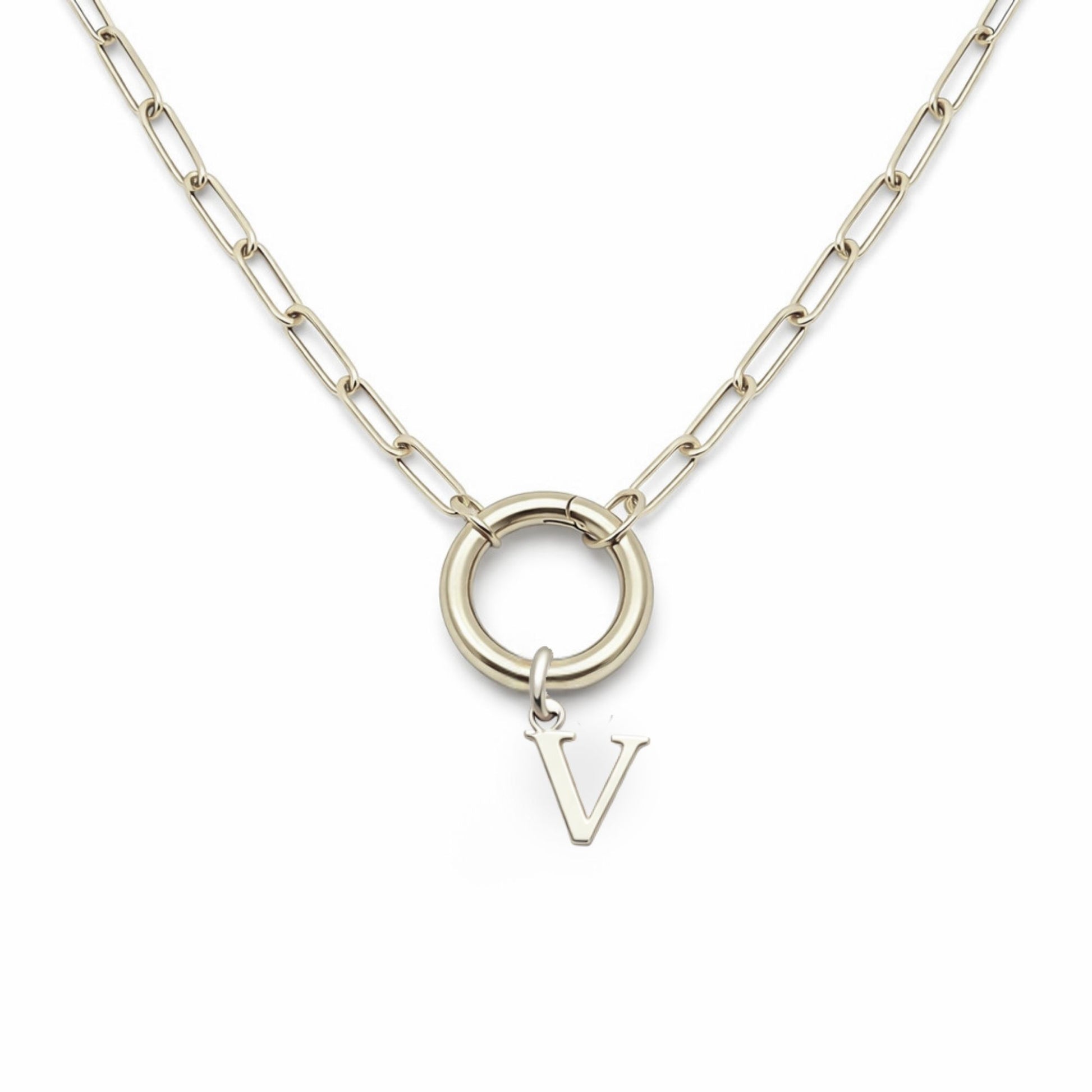 PaperclipLinkCircleCarabinerIntialLetterCharmHolderNecklaceforWomenStainlessSteel20"GingerLyne_Silver-V-1