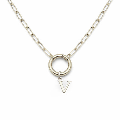 PaperclipLinkCircleCarabinerIntialLetterCharmHolderNecklaceforWomenStainlessSteel20"GingerLyne_Silver-V-1