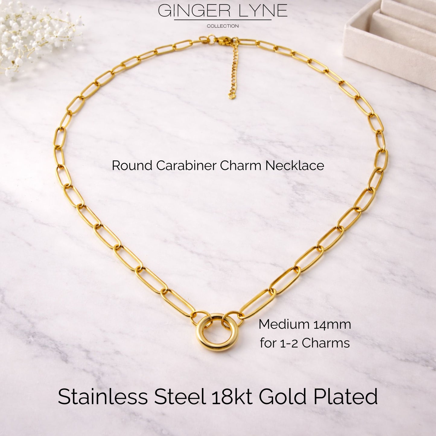 Carabiner Charm Necklace for Women Paperclip Chain Round Carabiner Holder Stainless Steel by Ginger Lyne - 14mm/Gold