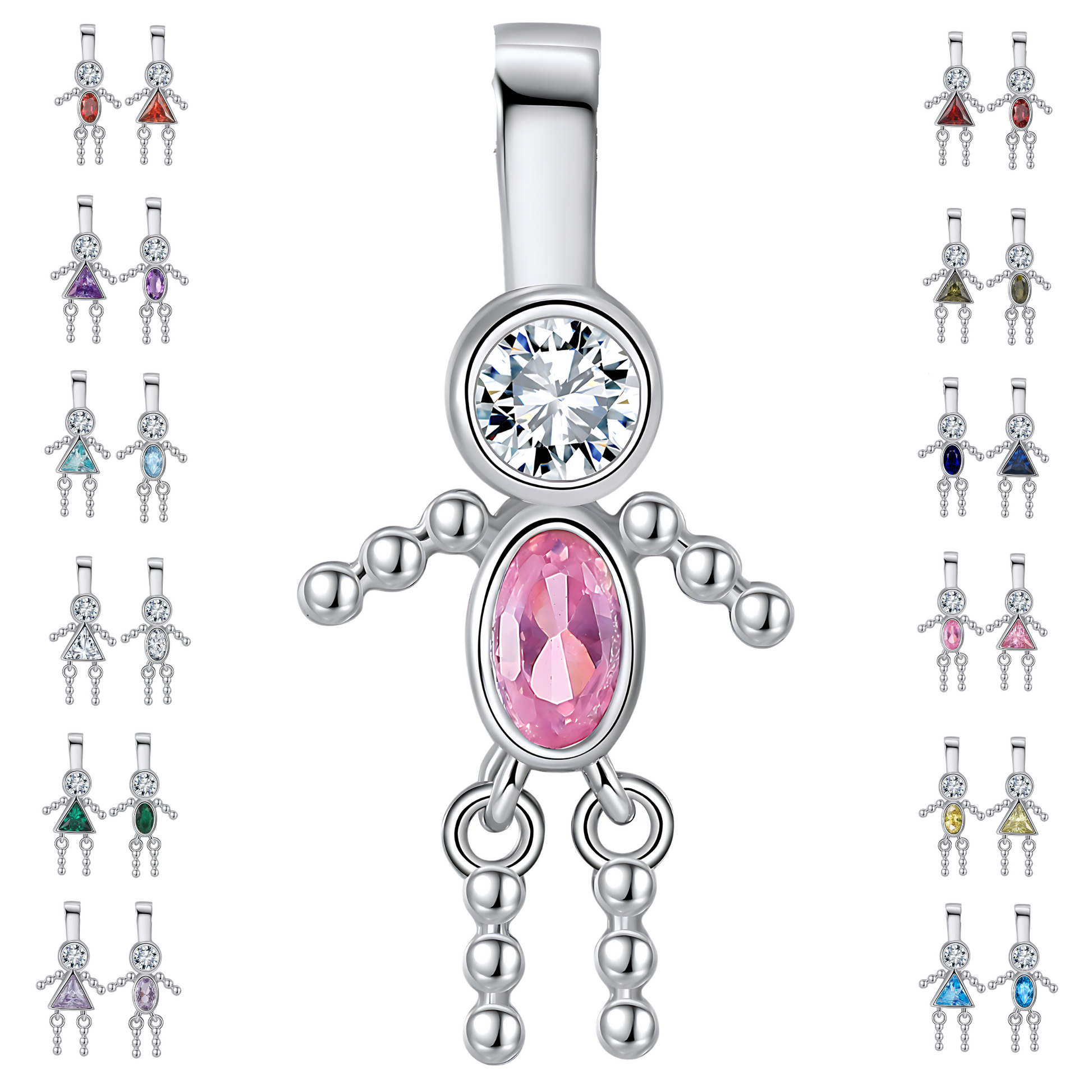 Baby Birthstone Pendant Charm by Ginger Lyne, Boy October Pink Cubic Zirconia Sterling Silver - Boy October