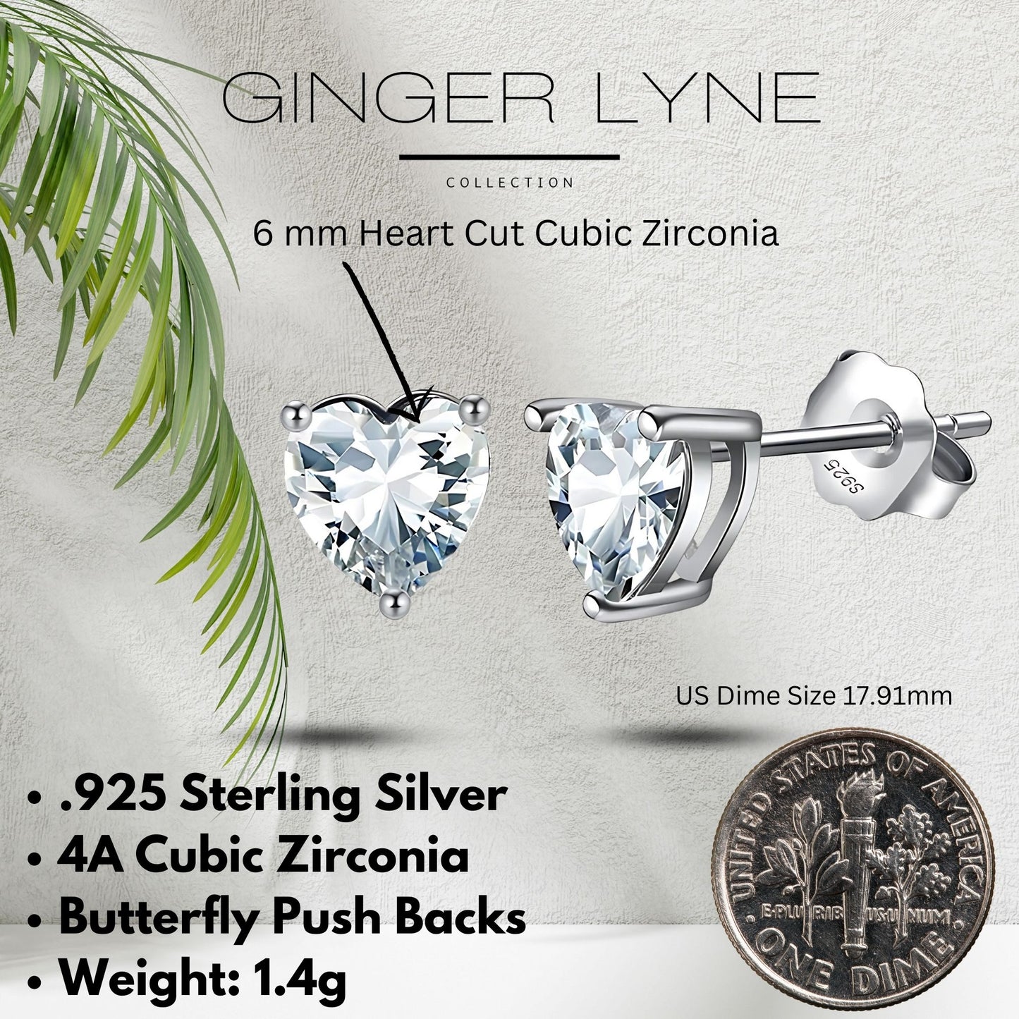 Birthstone Heart Earrings for Women by Ginger Lyne 6mm CZ Solitaire Stud Earrings Sterling Silver