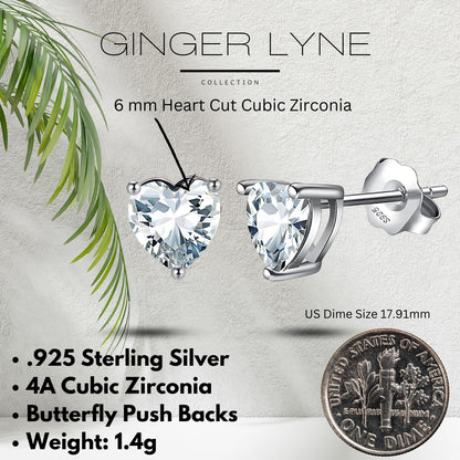 Birthstone Heart Earrings for Women by Ginger Lyne 6mm CZ Solitaire Stud Earrings Sterling Silver