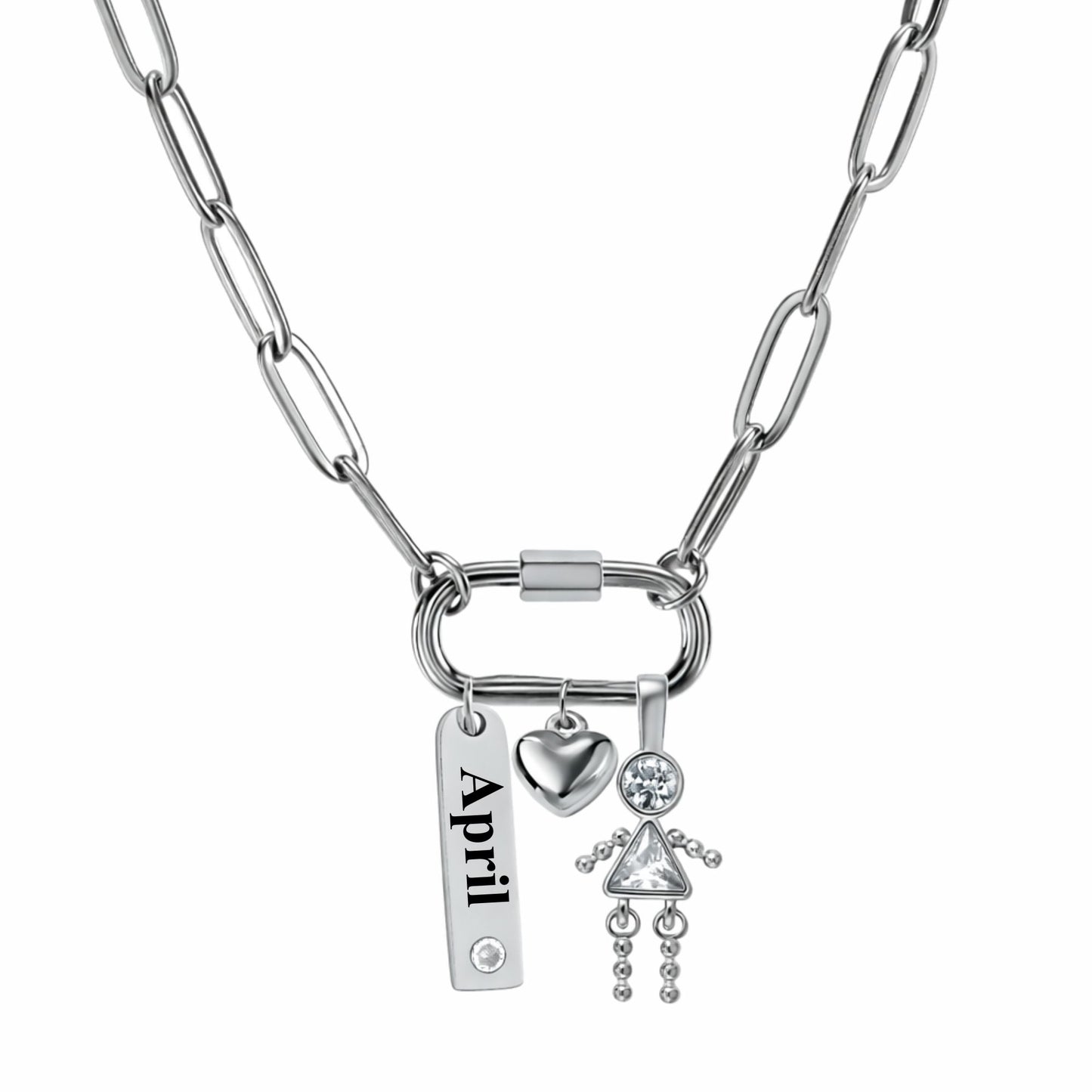 CarabinerFamilyBirthstoneNecklaceforMomorGrandmabyGingerLyneStainlessSteelCZBirthdayCharms_Female-April-Silver-1