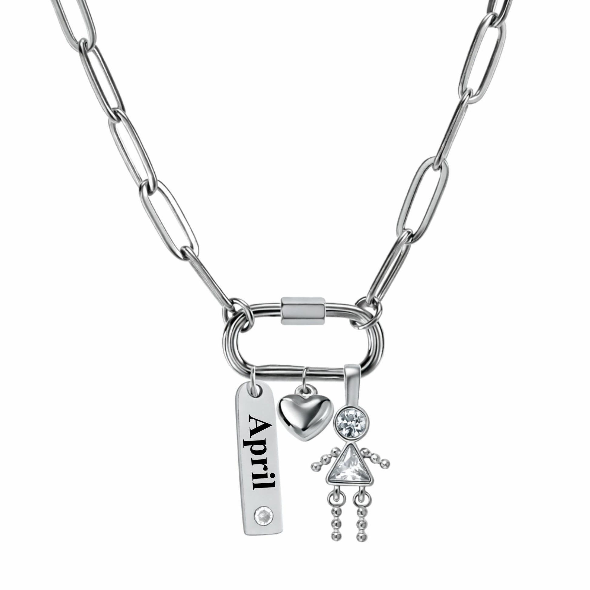 CarabinerFamilyBirthstoneNecklaceforMomorGrandmabyGingerLyneStainlessSteelCZBirthdayCharms_Female-April-Silver-1