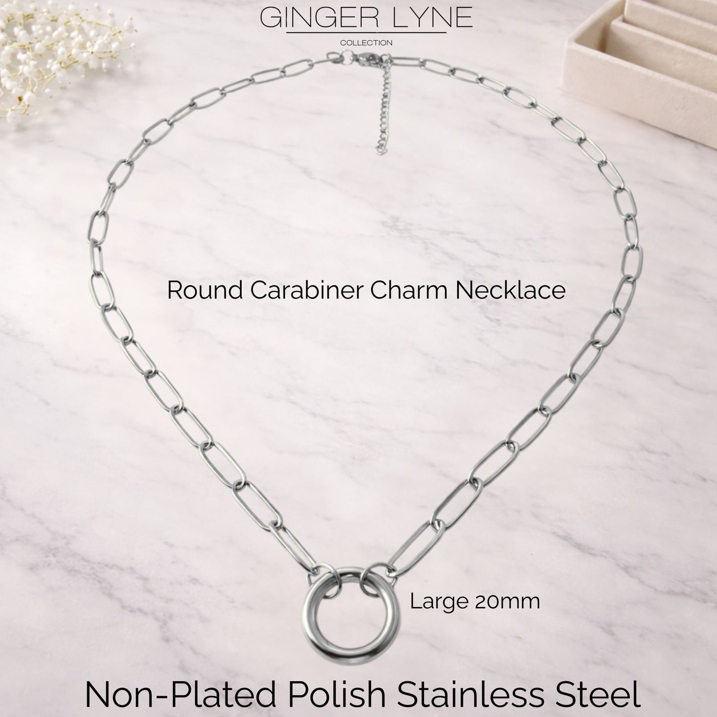 Carabiner Charm Necklace for Women Paperclip Chain Round Carabiner Holder Stainless Steel by Ginger Lyne - 20mm/Silver